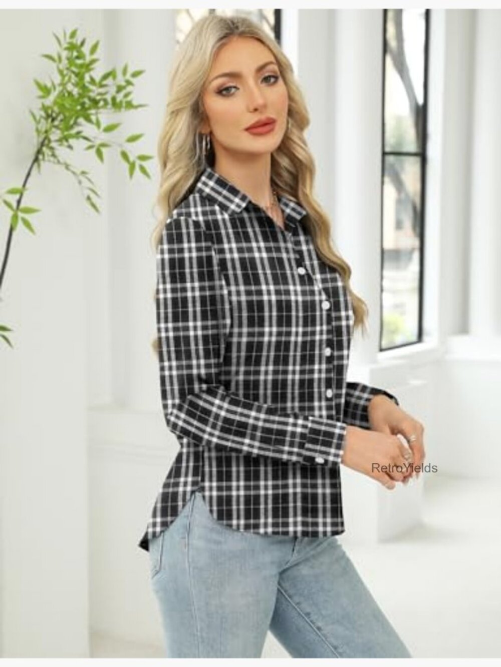 Long Sleeve Button Down Shirt Casual Cotton Blouse - Picture 4 of 7